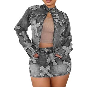 acelyn Women’s Denim Set 2 Piece Outfits Casual Denim Jacket & Mini Skirt Set Bodycon Jean Outfits with Pockets