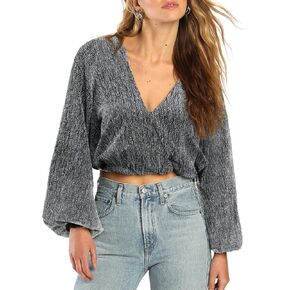 YYA Women's Casual V Neck Blouse Long Lantern Sleeve Spark Shining Blouses Top Shirts S-XXL