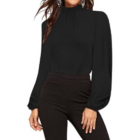 OYOANGLE Women's Elegant Mock Neck Bishop Long Sleeve Blouse Work Casual Pleated Shirt Tops