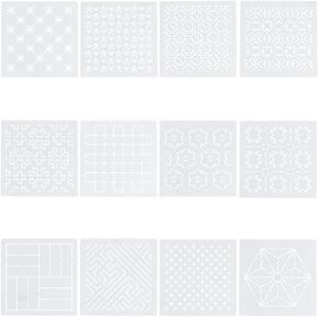 FREEBLOSS 12Pcs 5.5 * 5.5inch Plastic Sashiko Stencils Drawing Stencils Embroidery Patterns 12 Different Geometric Stencils for Embroidery Sashiko Templates for Hand Quilting