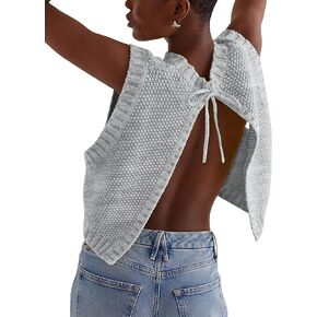 Cioatin Women Y2K Backless Tie Up Knit Crop Sweater Vest Sleeveless Round Neck Split Open Back Pullover Summer Tank Tops