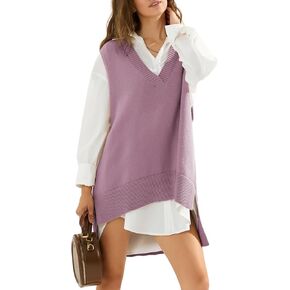 EXLURA Womens Oversized Sweater Vest Knit V Neck Tunic Casual Sleeveless Pullover Tank Tops 2024