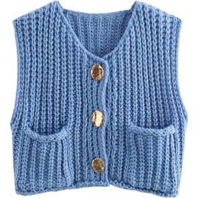 Bozanly Womens Chunky Knit Sweater Vest Cute Button Down Sleeveless Crop Crochet Cardigan Vest 2024