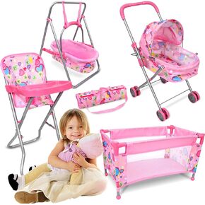 5 Pcs Baby Doll Stroller Set Doll Accessories Nursery Playset Set with Foldable Baby Doll Stroller Doll Crib Doll High Chair Swing Storage Bag Fits 16" Dolls Gifts for Toddlers Girls Boys