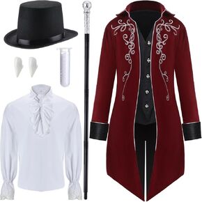 6 Pcs Halloween Men Vampire Costume Adult Set Medieval Tailcoat Jacket Pirate Shirt Hat Wizard Cane Teeth