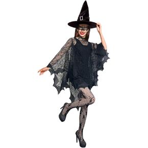 Apragaz Halloween Costume Women, 5 Pcs Halloween Costume for Women with Black Spiderweb Poncho, Net Tights, Necklace, Mask and Spider Red Earrings for Halloween Cosplay Party