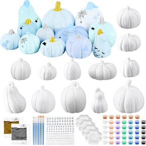 Vertintong 12 Set Ceramic Pumpkins DIY Painting Kit Fall Theme Ready to Paint Pumpkin Statues Paint Your Own Halloween Pumpkin Figurines Unpainted Crafts with Brush Palette Paint (Blue Color)