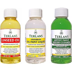 TERLANS Oil Painting Mediums/Odourless Paint Liquid/Linseed Oil/Oil Brush Cleaner 3x3.38 fl oz (3x100 ml)