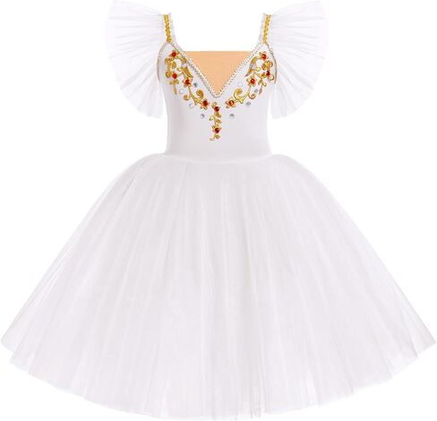 Girl Ballet Leotard Swan Lake Dance Dress Ruffle Sleeve Ballerina Maxi Tulle Tutu Teen Halloween Ballet Dance Outfits in Kuwait