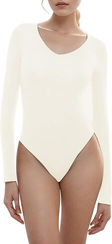 LuFeng Women's Sexy Yoga Bodysuit Slim Fit Long Sleeve Deep V Neck Tight Top Shirts in Kuwait