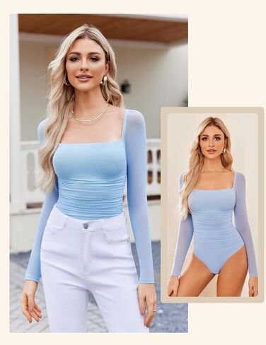 Avidlove Women's Square Neck Mesh Long Sleeve Bodysuit Shirts Ruched Body Suit Sexy Sheer Tops Date Night Outfit in Saudi Arabia