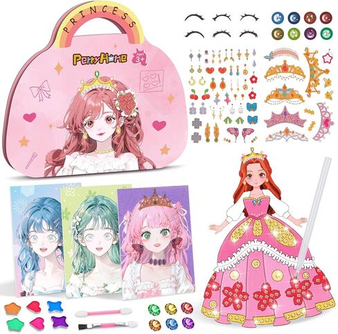 PERRYHOME DIY Paper Art Craft Kits-3 in 1 Princess Dress Up Game Set with Diamond Painting Kits and Princess Fantasy Makeup Kit & Dress Up Sticker Book,Birthday Gifts for Girls Ages 4-8. in Saudi Arabia