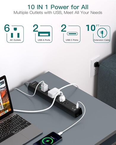 2 Pack Power Strip Surge Protector with USB C - Extension Cord with 5 Widely Outlets 4 USB Ports (1875W/15A), Wall Mount, Flat Plug, Desk Charging Station for Home Office College Dorm Room Essentials in Kuwait
