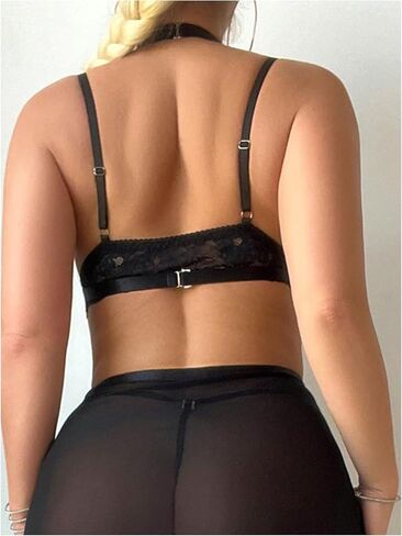 SHENHE Women's 4 Piece Gothic Lingerie Set Harness Chain Lace Bra and Thong with Mesh Slit Skirt in Saudi Arabia