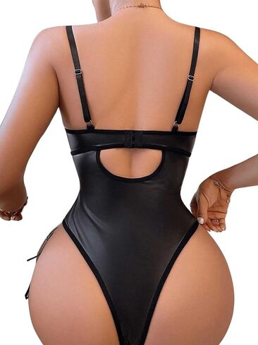 Women's PU Lace Up Hollow Out Underwire Corset Lingerie Contrast Lace Sheer Teddy Bodysuit with Garter in Saudi Arabia
