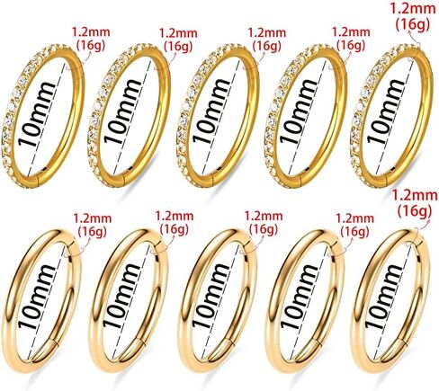 Casvort 10 قطع 16 جرام حلقات ثقب الأنف غير الملحومة قطعة زركونيا حلقات حلقة الزنمة 316 من الفولاذ المقاوم للصدأ حلقة حلزونية مكدسة سدادات الأذن شماعات النساء مجوهرات الجسم in Kuwait
