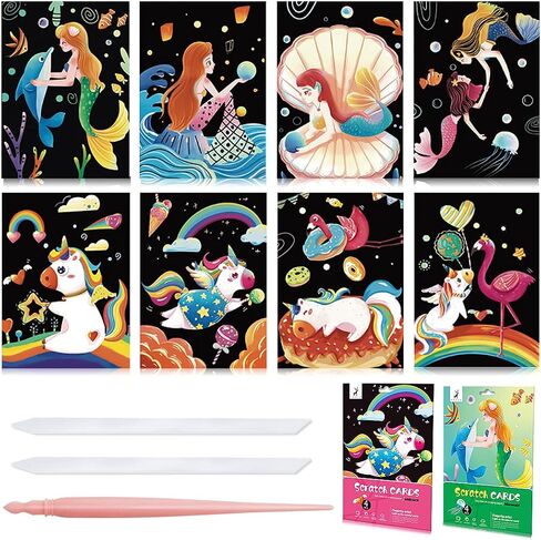 Scratch Art Rainbow Painting Scratch Off Doodle Paper, Womens Hobbies Engraving Art Craft Set, Creative Gifts for Girls Boys Students Older Kids Drawing Pads 8 Sheets (Mermaid & unicorn) in Saudi Arabia