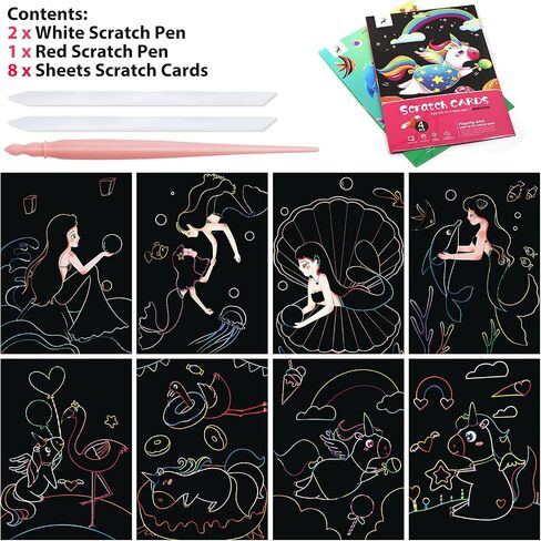 Scratch Art Rainbow Painting Scratch Off Doodle Paper, Womens Hobbies Engraving Art Craft Set, Creative Gifts for Girls Boys Students Older Kids Drawing Pads 8 Sheets (Mermaid & unicorn) in Saudi Arabia