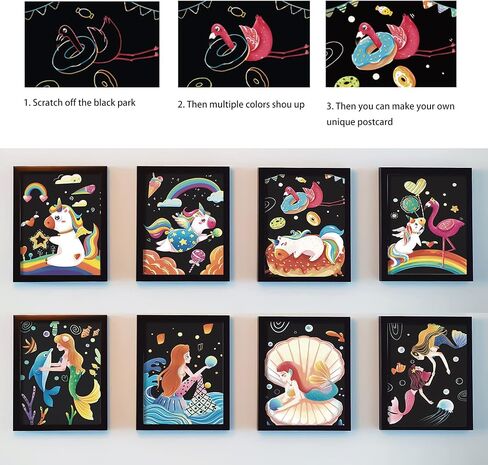 Scratch Art Rainbow Painting Scratch Off Doodle Paper, Womens Hobbies Engraving Art Craft Set, Creative Gifts for Girls Boys Students Older Kids Drawing Pads 8 Sheets (Mermaid & unicorn) in Saudi Arabia