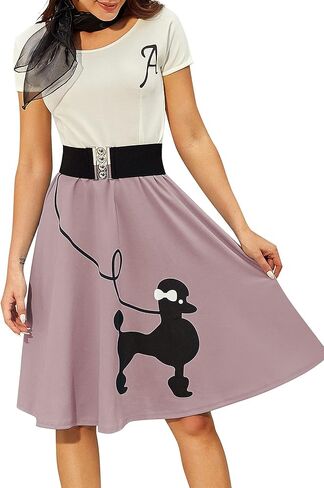 ZEZCLO Women's Retro Poodle Print Skater Dress Vintage High Waist Rockabilly Swing Tee Cocktail Halloween Party Dresses in Kuwait