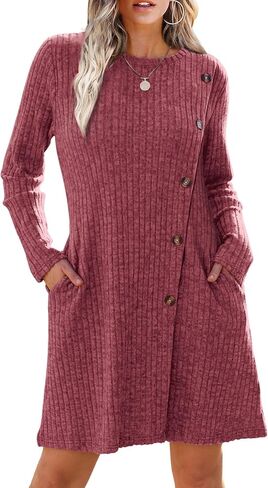Saloogoe Long Sleeve Dress for Women Tunic Sweater Dresses with Pockets Fashion 2024 Buttons Side in Saudi Arabia