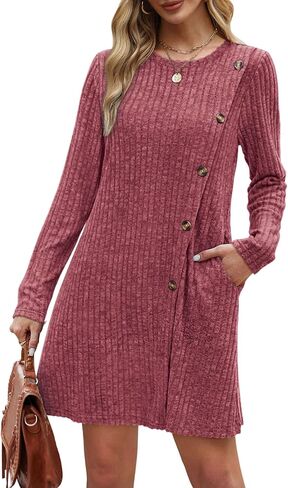 Saloogoe Long Sleeve Dress for Women Tunic Sweater Dresses with Pockets Fashion 2024 Buttons Side in Saudi Arabia