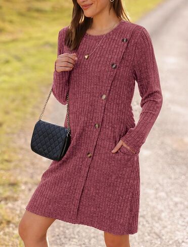 Saloogoe Long Sleeve Dress for Women Tunic Sweater Dresses with Pockets Fashion 2024 Buttons Side in Saudi Arabia