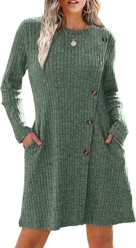 Saloogoe Long Sleeve Dress for Women Tunic Sweater Dresses with Pockets Fashion 2024 Buttons Side in Saudi Arabia