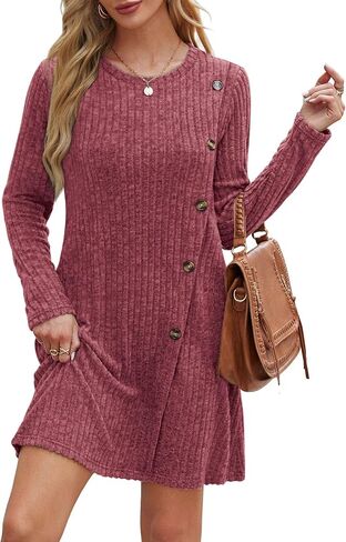Saloogoe Long Sleeve Dress for Women Tunic Sweater Dresses with Pockets Fashion 2024 Buttons Side in Saudi Arabia