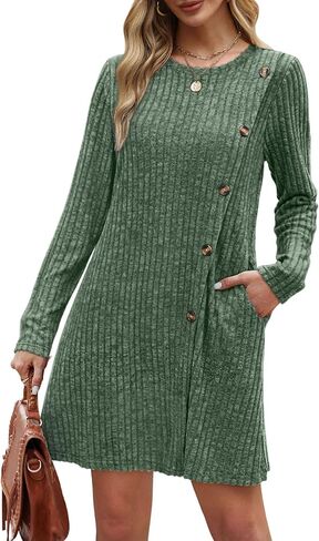 Saloogoe Long Sleeve Dress for Women Tunic Sweater Dresses with Pockets Fashion 2024 Buttons Side in Saudi Arabia