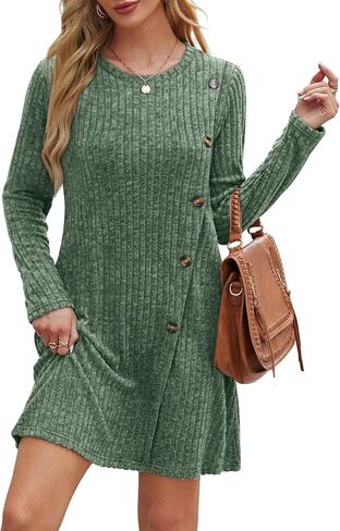 Saloogoe Long Sleeve Dress for Women Tunic Sweater Dresses with Pockets Fashion 2024 Buttons Side in Saudi Arabia