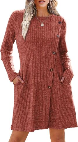 Saloogoe Long Sleeve Dress for Women Tunic Sweater Dresses with Pockets Fashion 2024 Buttons Side in Saudi Arabia