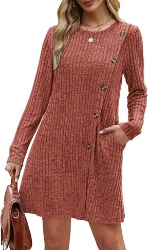Saloogoe Long Sleeve Dress for Women Tunic Sweater Dresses with Pockets Fashion 2024 Buttons Side in Saudi Arabia