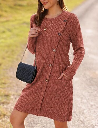 Saloogoe Long Sleeve Dress for Women Tunic Sweater Dresses with Pockets Fashion 2024 Buttons Side in Saudi Arabia