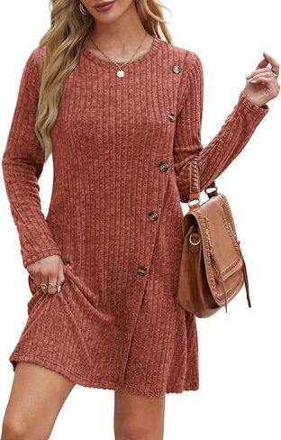 Saloogoe Long Sleeve Dress for Women Tunic Sweater Dresses with Pockets Fashion 2024 Buttons Side in Saudi Arabia