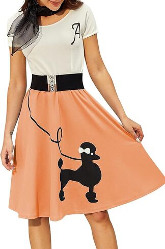 ZEZCLO Women's Retro Poodle Print Skater Dress Vintage High Waist Rockabilly Swing Tee Cocktail Halloween Party Dresses in Saudi Arabia
