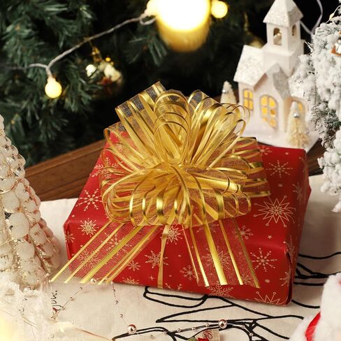6 Pieces Pull Bow Large 6 Inch Organza Pull Bow Present Wrapping Pull Bow with Ribbon for Gift Wrapping Baskets Wedding (Gold) in Kuwait