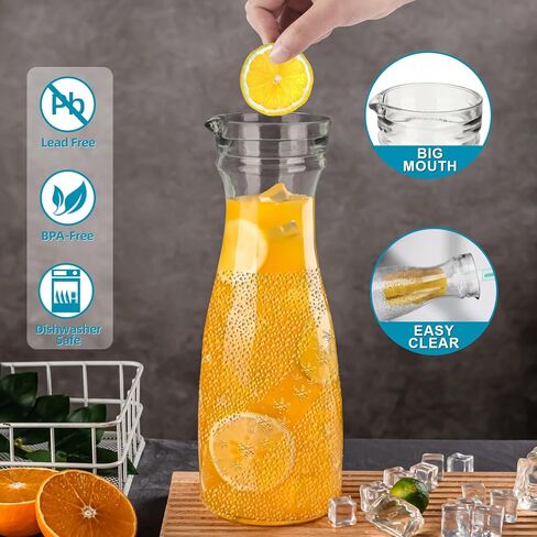 مجموعة من 2 إبريق زجاجي مع غطاءين، مجموعة إبريق مشروبات سعة 40 أونصة لبار الميموزا، إبريق ماء سعة 1 لتر، إبريق عصير للغداء والماء البارد والحليب والشاي المثلج وعصير الليمون - علامتان سبورة خشبية in Kuwait