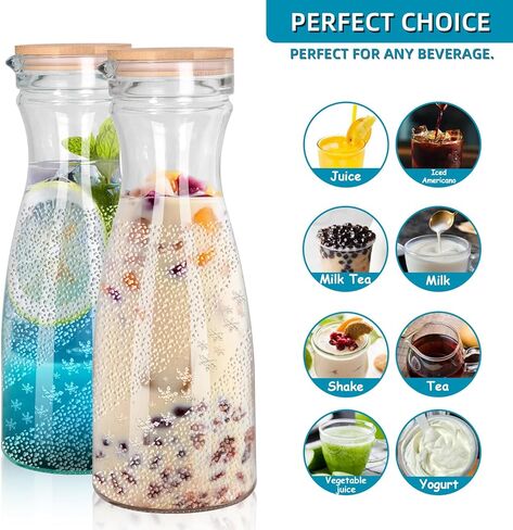 مجموعة من 2 إبريق زجاجي مع غطاءين، مجموعة إبريق مشروبات سعة 40 أونصة لبار الميموزا، إبريق ماء سعة 1 لتر، إبريق عصير للغداء والماء البارد والحليب والشاي المثلج وعصير الليمون - علامتان سبورة خشبية in Kuwait