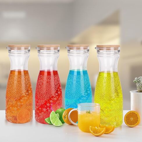 مجموعة من 2 إبريق زجاجي مع غطاءين، مجموعة إبريق مشروبات سعة 40 أونصة لبار الميموزا، إبريق ماء سعة 1 لتر، إبريق عصير للغداء والماء البارد والحليب والشاي المثلج وعصير الليمون - علامتان سبورة خشبية in Kuwait