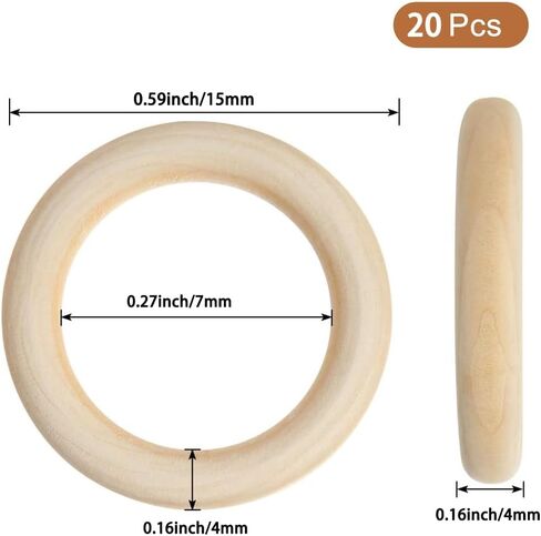 20Pcs Natural Wooden Rings for Crafts, Unfinished Wood Rings for Macrame Pendant Connectors，DIY Making, Craft Rings, Wood Teething Ring (0.59inch/1.5cm) in Kuwait