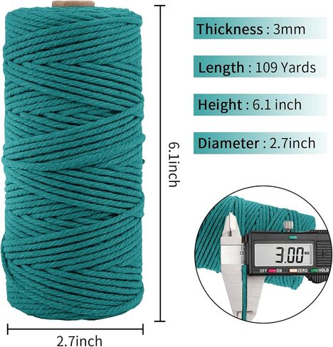 3mm x 109Yards Macrame Cord Thick Natural Cotton Macrame Rope, 4 Strand Twisted Cotton Cord Rope for Soft Macrame Natural Color Handmade Wall Hanging, Plant Hanger, Craft, Knitting, Decorative Project in Saudi Arabia