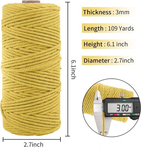3mm x 109Yards Macrame Cord Thick Natural Cotton Macrame Rope, 4 Strand Twisted Cotton Cord Rope for Soft Macrame Natural Color Handmade Wall Hanging, Plant Hanger, Craft, Knitting, Decorative Project in Kuwait