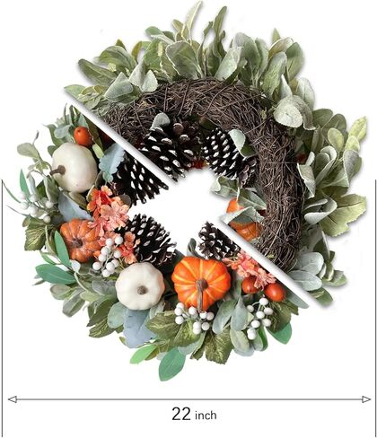 إكليل القرع الخريفي للباب الأمامي، إكليل الخريف في المزرعة مقاس 22 بوصة مع قرع الورد الأخضر والتوت من أوراق القيقب، إكليل القرع الاصطناعي الأبيض، أكاليل عيد الشكر للداخل والممرات والديكور. in Kuwait