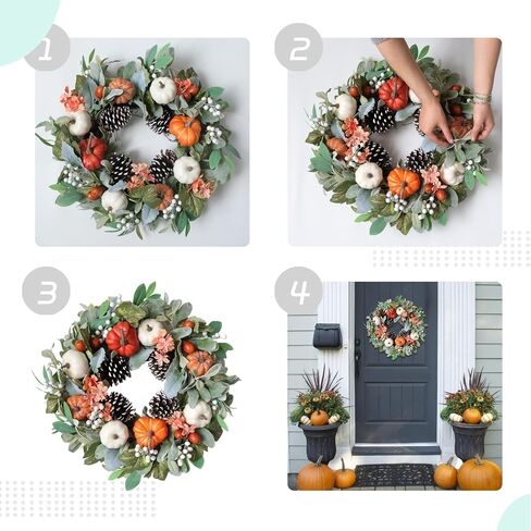 إكليل القرع الخريفي للباب الأمامي، إكليل الخريف في المزرعة مقاس 22 بوصة مع قرع الورد الأخضر والتوت من أوراق القيقب، إكليل القرع الاصطناعي الأبيض، أكاليل عيد الشكر للداخل والممرات والديكور. in Kuwait