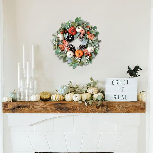 إكليل القرع الخريفي للباب الأمامي، إكليل الخريف في المزرعة مقاس 22 بوصة مع قرع الورد الأخضر والتوت من أوراق القيقب، إكليل القرع الاصطناعي الأبيض، أكاليل عيد الشكر للداخل والممرات والديكور. in Kuwait