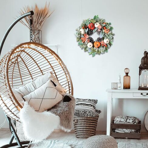 إكليل القرع الخريفي للباب الأمامي، إكليل الخريف في المزرعة مقاس 22 بوصة مع قرع الورد الأخضر والتوت من أوراق القيقب، إكليل القرع الاصطناعي الأبيض، أكاليل عيد الشكر للداخل والممرات والديكور. in Kuwait