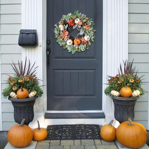 إكليل القرع الخريفي للباب الأمامي، إكليل الخريف في المزرعة مقاس 22 بوصة مع قرع الورد الأخضر والتوت من أوراق القيقب، إكليل القرع الاصطناعي الأبيض، أكاليل عيد الشكر للداخل والممرات والديكور. in Kuwait