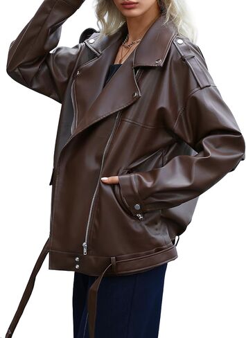 Zando Leather Jacket Women Oversized Motorcycle Biker Jacket Women Outfits Clothes for Women Bomber Jacket Faux Fall Fashion in Saudi Arabia
