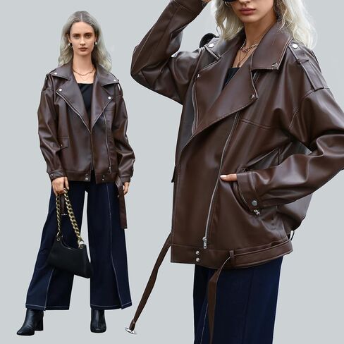Zando Leather Jacket Women Oversized Motorcycle Biker Jacket Women Outfits Clothes for Women Bomber Jacket Faux Fall Fashion in Saudi Arabia